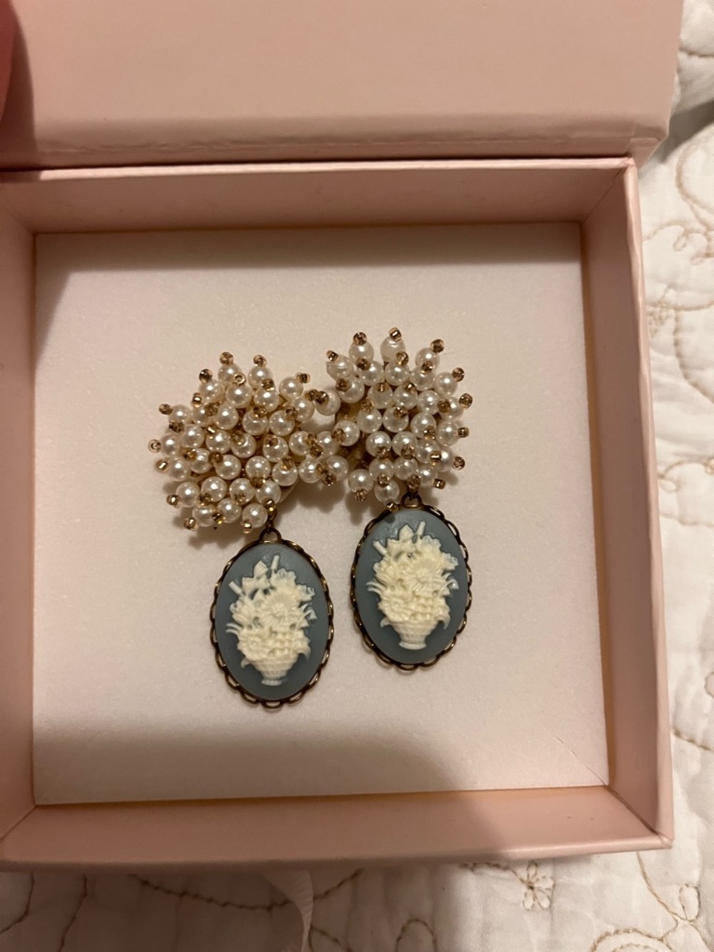 Nicola Bathie Blue and Ivory Cameo Cluster Pearl Drop Earrings